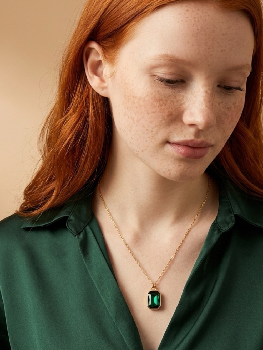 Gold Chain Necklace with Green Crystal Pendant